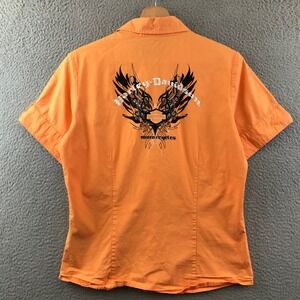Harley-Davidson‎ Women's Orange Button-Up Shirt Motorcycles Graphic Medium